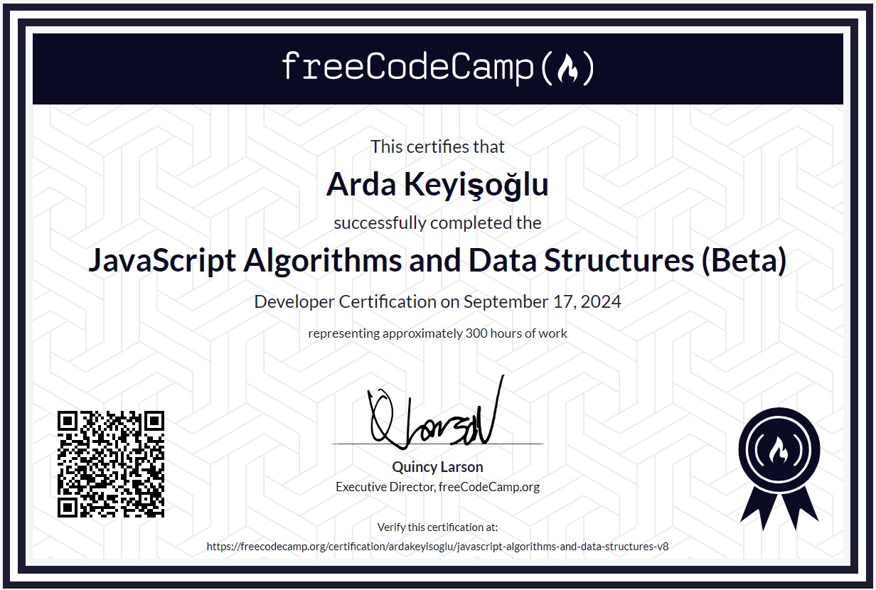 Image of JavaScript Algorthms and Data Structures certificate