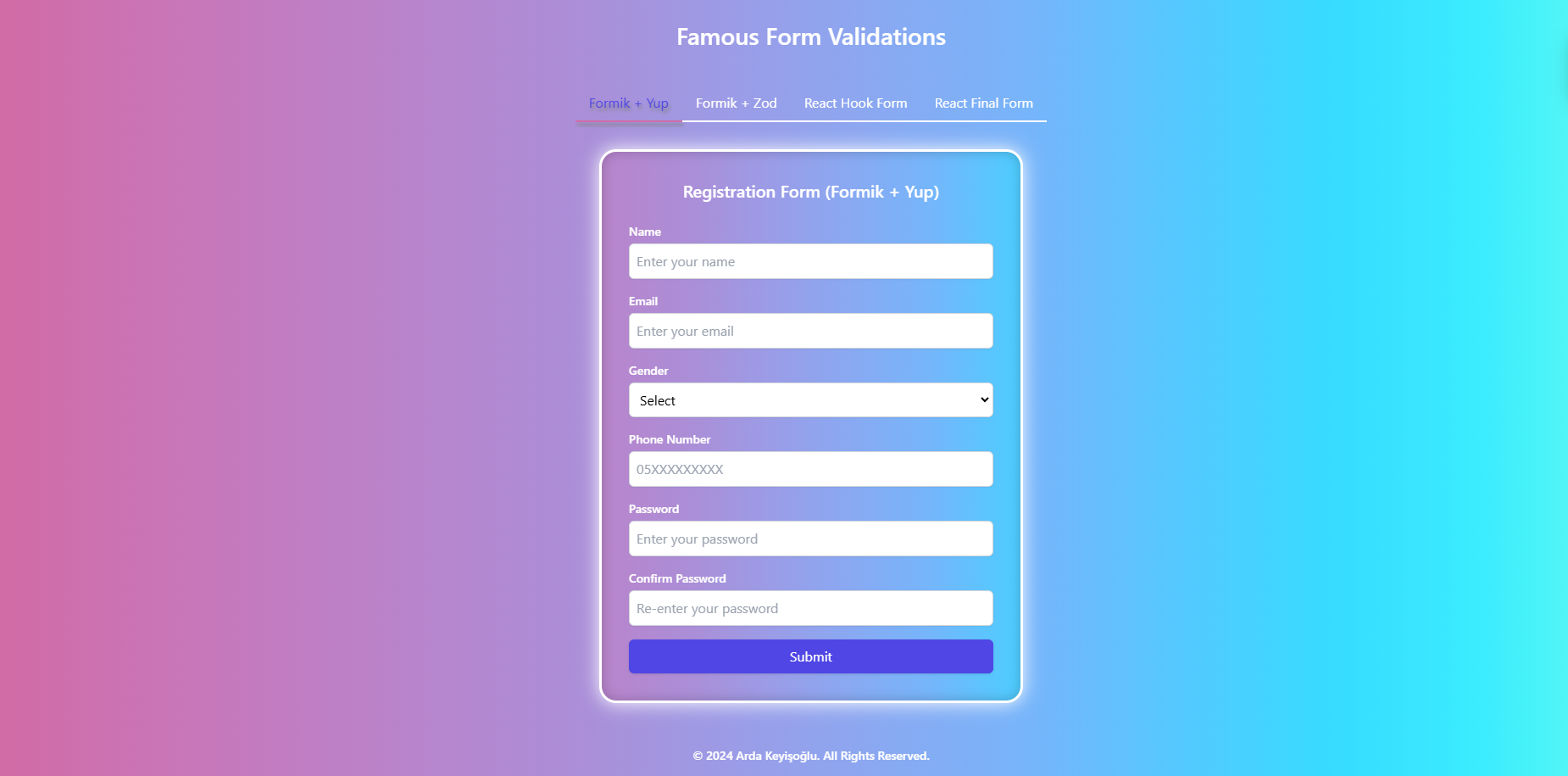 Screenshot of the project Famous Form Validations